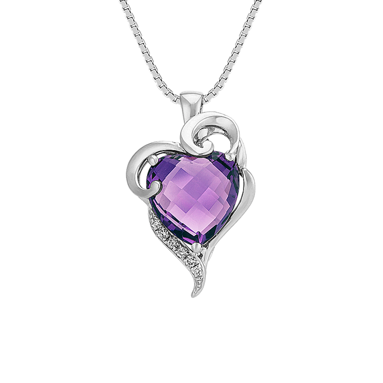 Lavinia Natural Amethyst and Natural Diamond Heart Pendant in Sterling Silver (18 in)