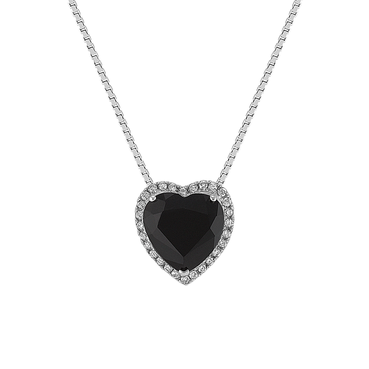 Heart-Shaped Black Natural Sapphire and Round Natural Diamond Pendant (18 in)