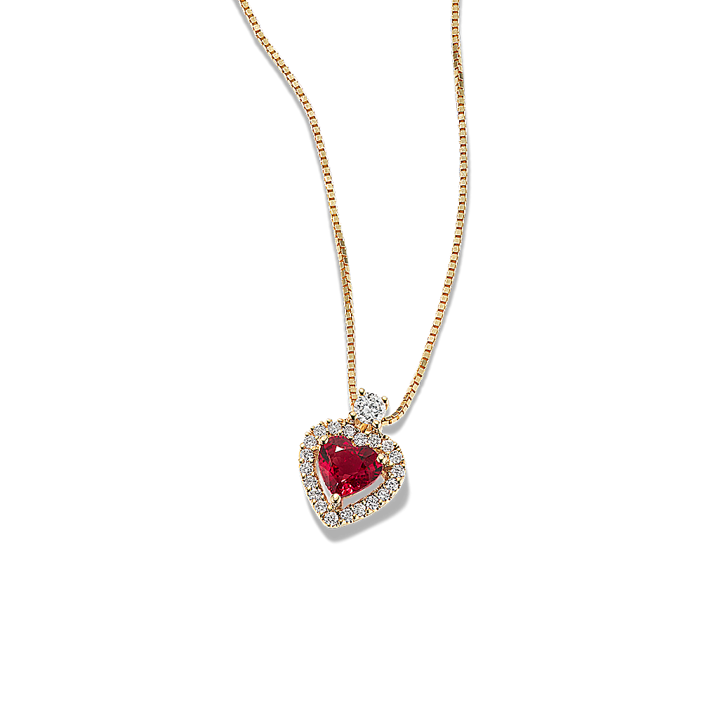 Smitten Ruby and Diamond Heart Pendant in 14K Yellow Gold (18 in)