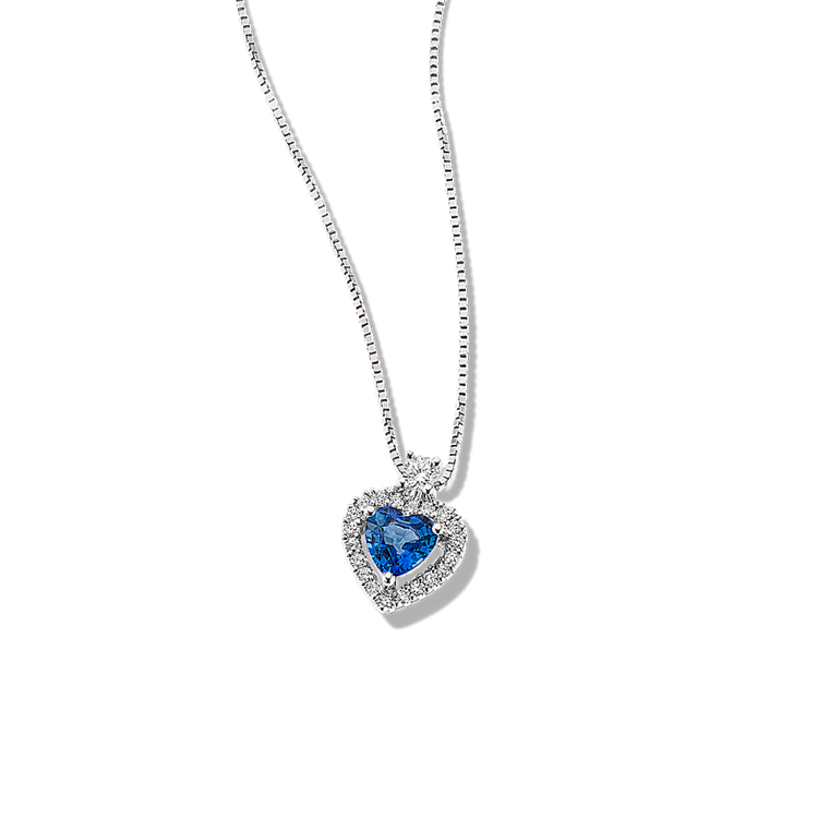 Smitten Traditional Blue Sapphire and Diamond Heart Pendant in 14K White Gold (18 in)