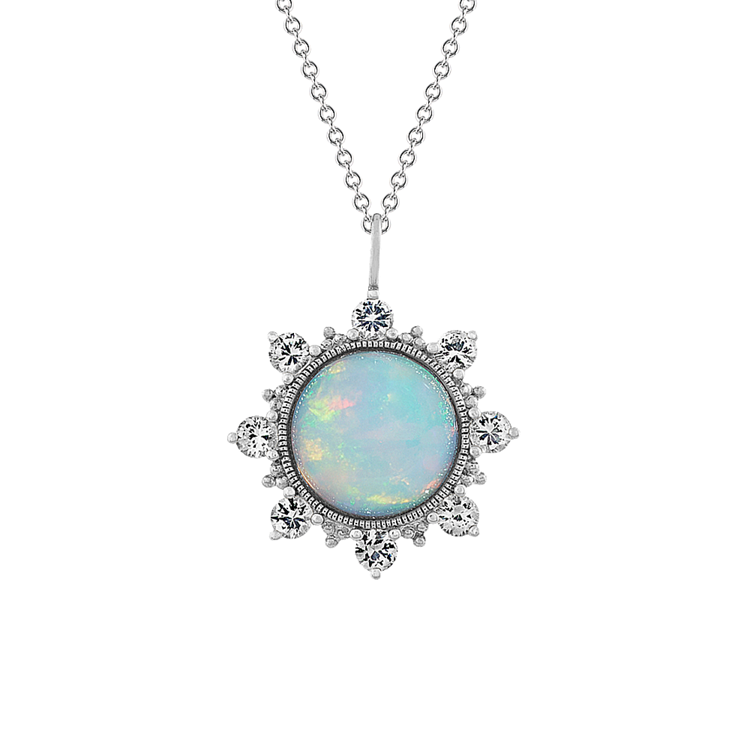 Helena Natural Opal and White Natural Sapphire Pendant in Sterling Silver (20 in)