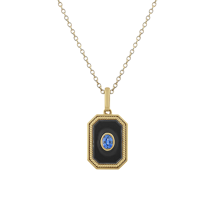 Ice Blue Natural Sapphire and Black Enamel Pendant (18 in)