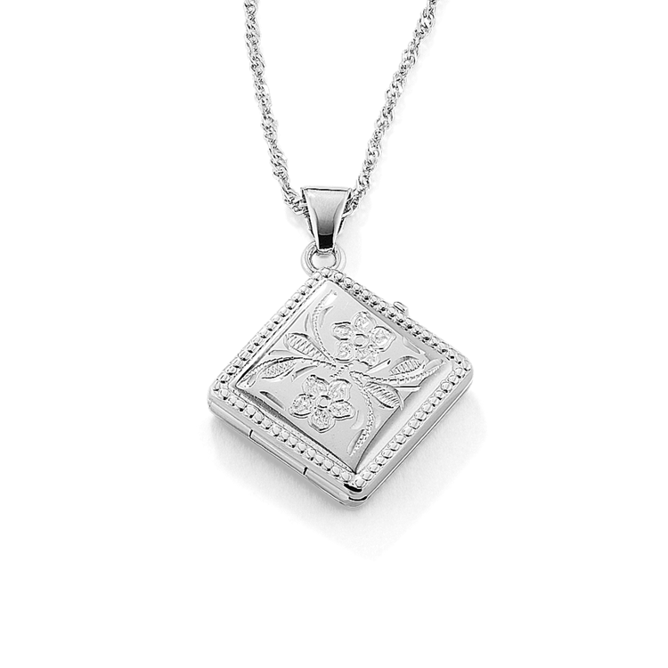 Kite-Shaped Square Locket with Floral Engraving in Sterling Silver (20 in)