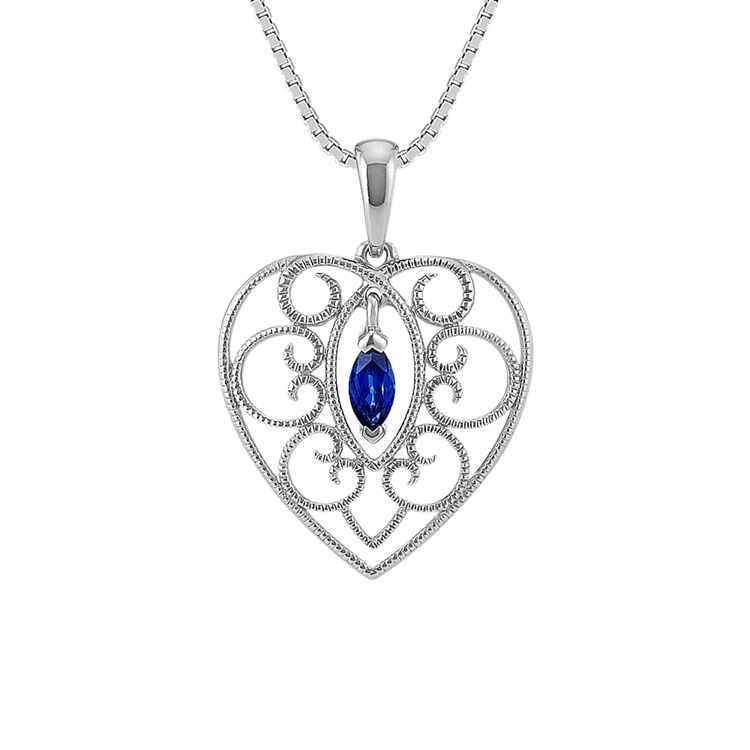 Marquise Traditional Blue Natural Sapphire Heart Pendant in Sterling Silver (20 in.)