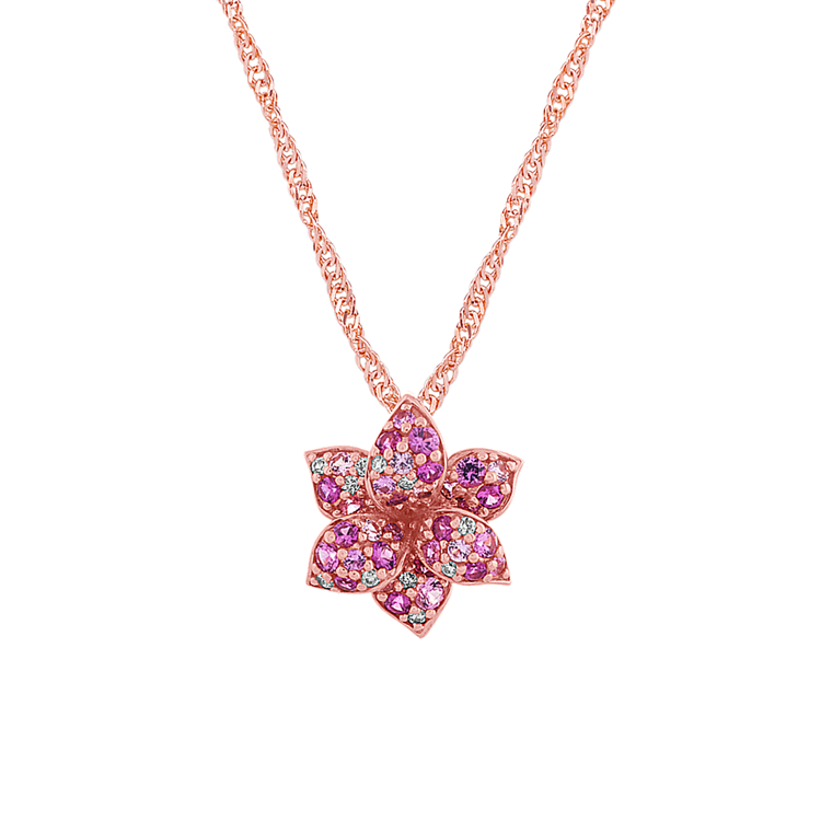 Mosaic Pink Natural Sapphire and Natural Diamond Flower Pendant (22 in)