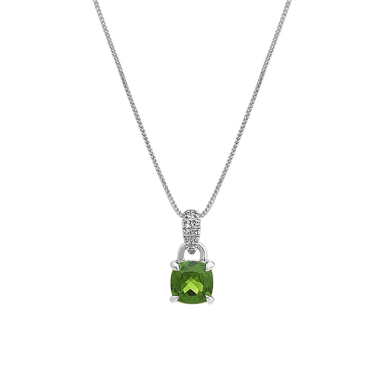 Natural Chrome Diopside and White Natural Sapphire Pendant (22 in)