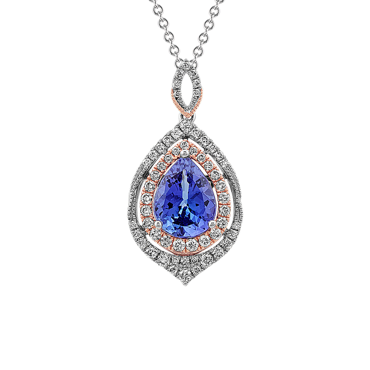 Natural Tanzanite and Natural Diamond Pendant in 14k White and Rose Gold (24 in)