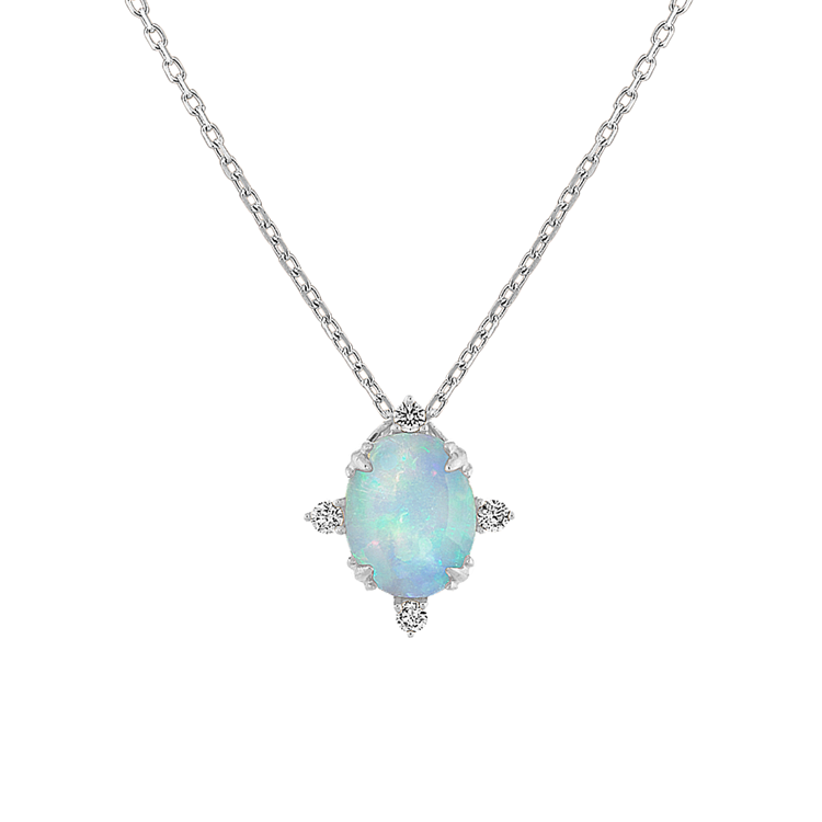 Ophelia Natural Opal and Natural Diamond Pendant in 14K White Gold (18 in)