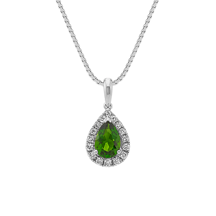 Pear-Shaped Natural Chrome Diopside and Round Natural Diamond Pendant (18 in)