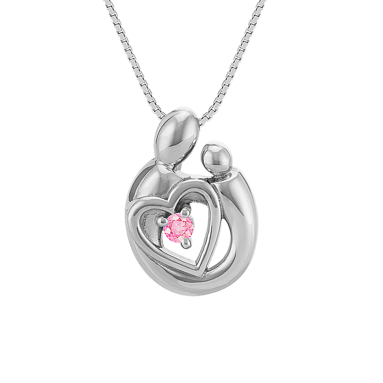 Pink Natural Sapphire Mother & Child Heart Pendant in Sterling Silver (18 in)