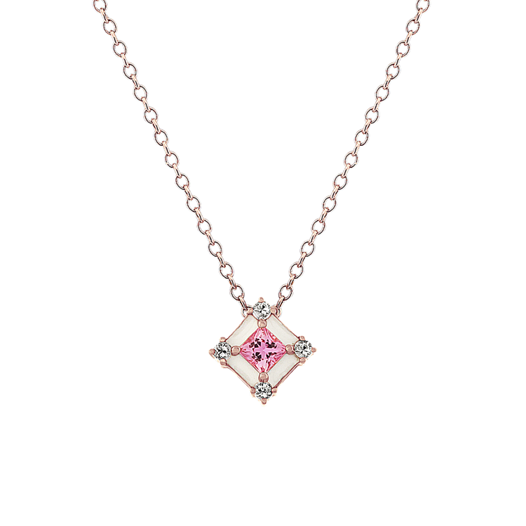 Pink and White Natural Sapphire Enamel Pendant (18 in)