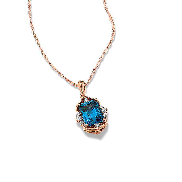 Poet Vintage Natural London Blue Topaz and Natural Diamond Pendant in 14K Rose Gold (22 in)