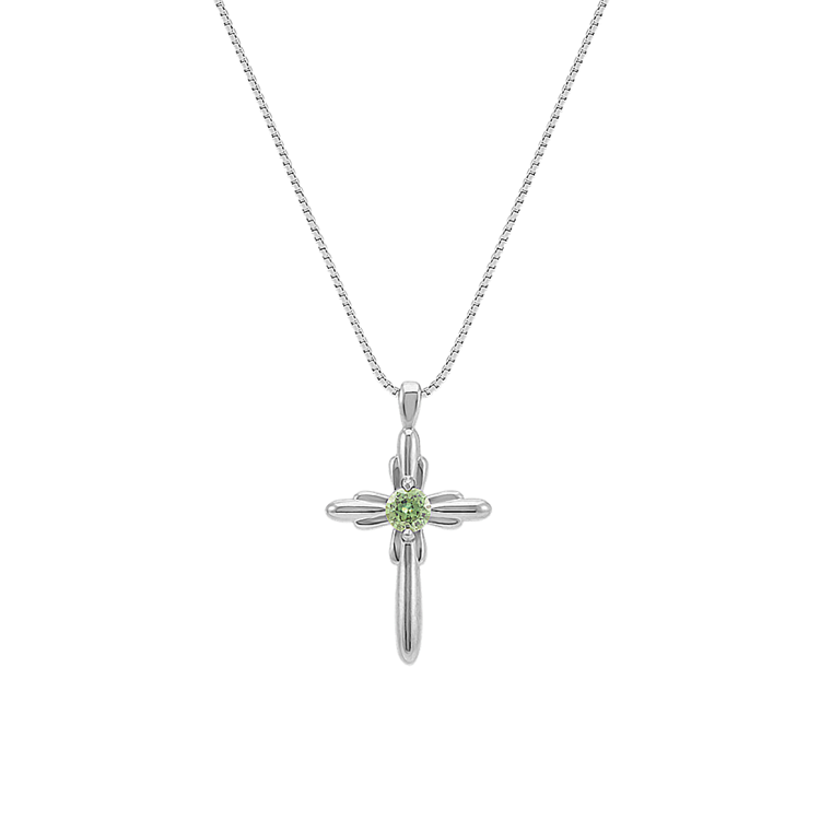 Round Green Natural Sapphire Cross Pendant (18 in)