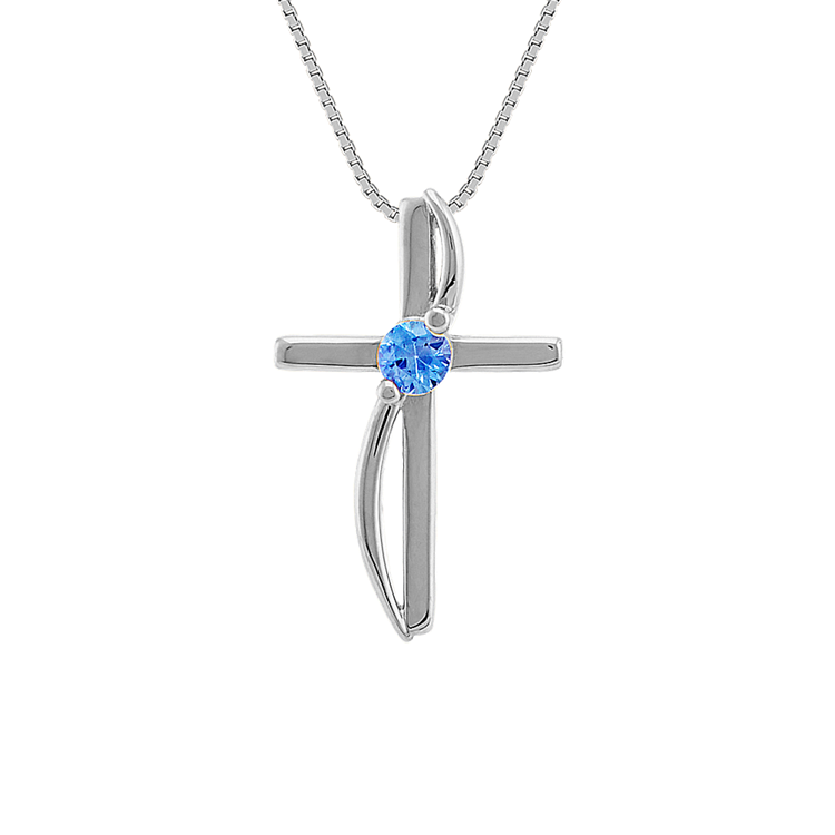 Round Kentucky Blue Natural Sapphire Cross Pendant in 14k White Gold (18 in)