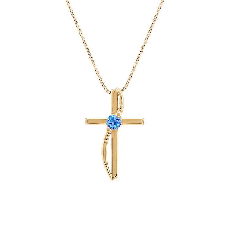 Round Kentucky Blue Natural Sapphire Cross Pendant in 14k Yellow Gold (18 in)