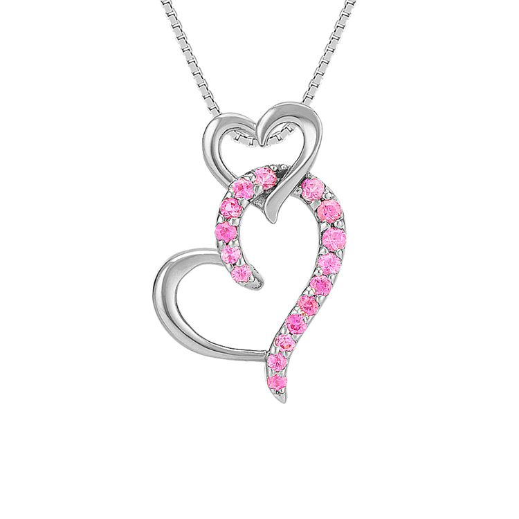 Round Pink Natural Sapphire Hearts Pendant in Sterling Silver (18 in)