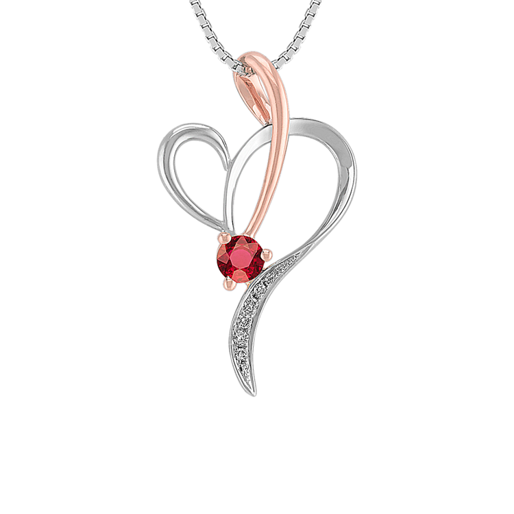 Jovie Natural Ruby and Natural Diamond Heart Pendant in 14K White and Rose Gold (18 in)