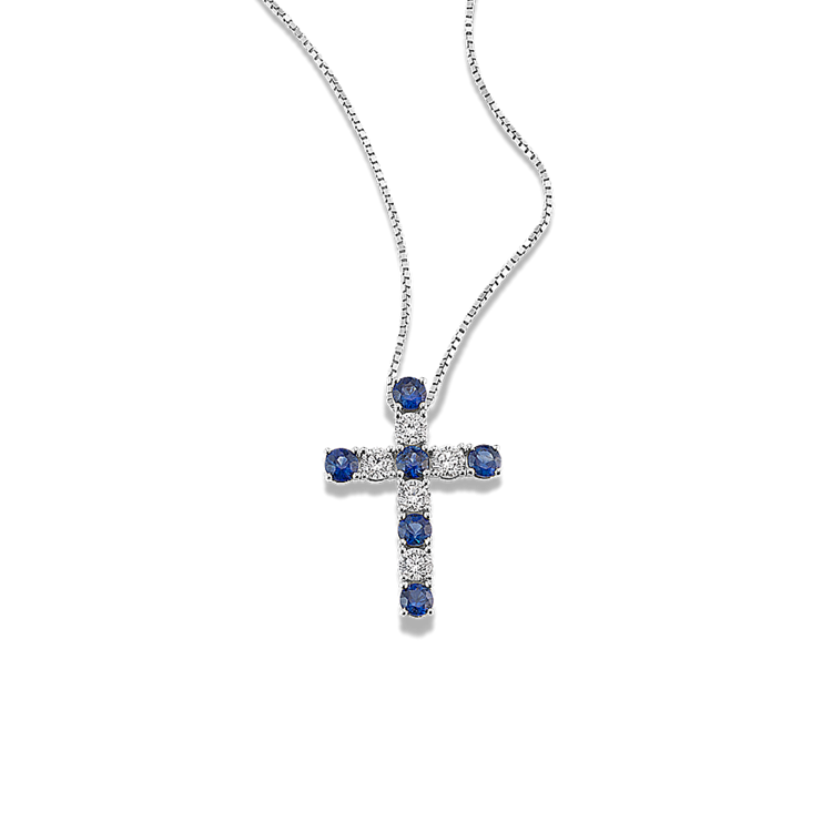 Round Natural Sapphire and Natural Diamond Cross Pendant (18 in)