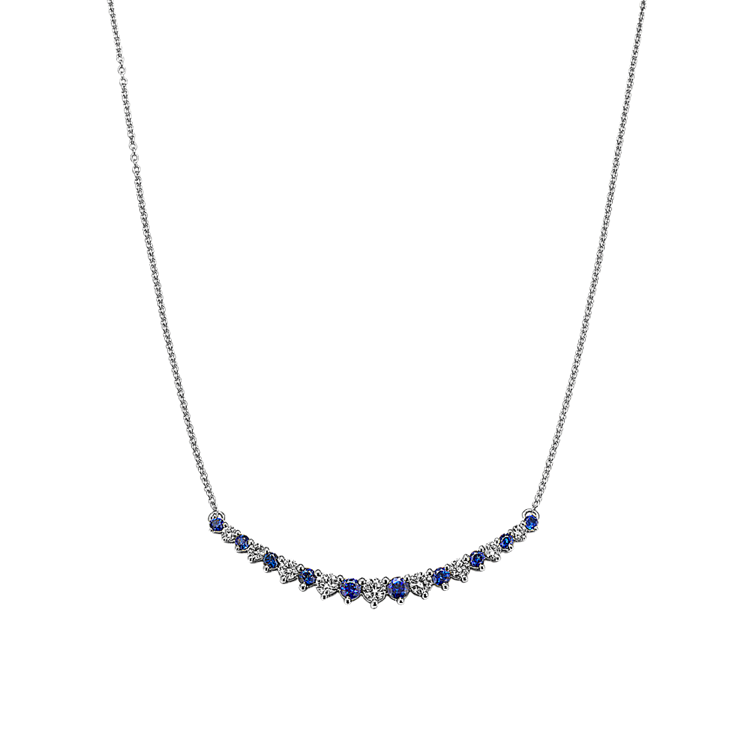 Cardiff Traditional Blue Natural Sapphire and Natural Diamond Necklace in 14K White Gold (16 in)