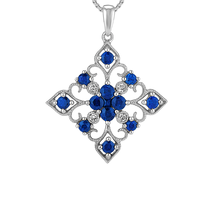 Round and Princess Cut Traditional Natural Sapphire and Natural Diamond Pendant (18 in)