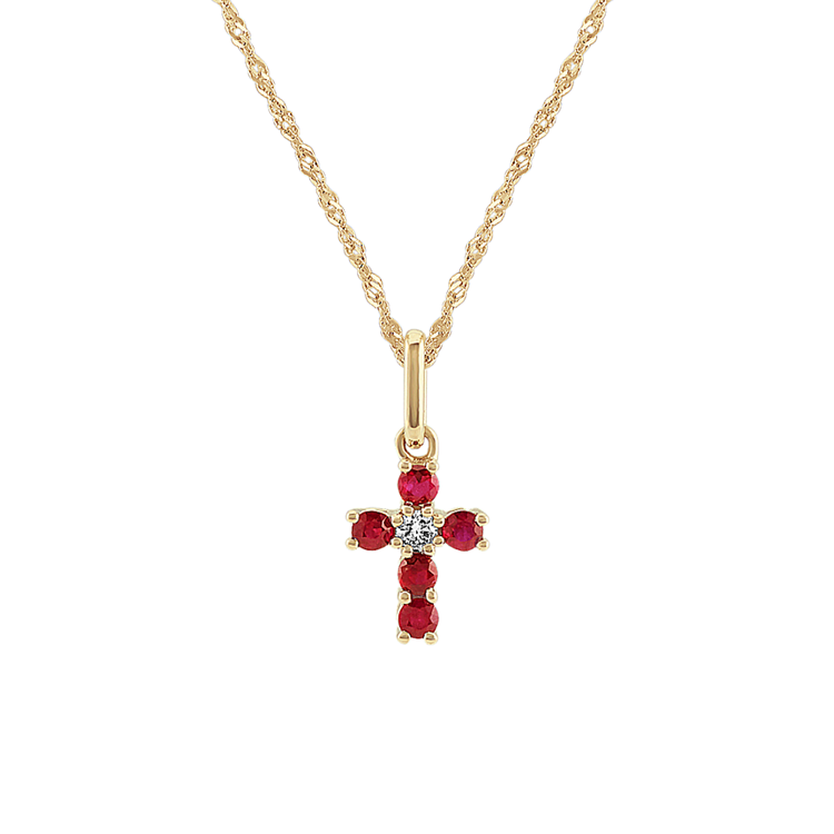 Natural Ruby and Natural Diamond Cross Pendant (18 in)