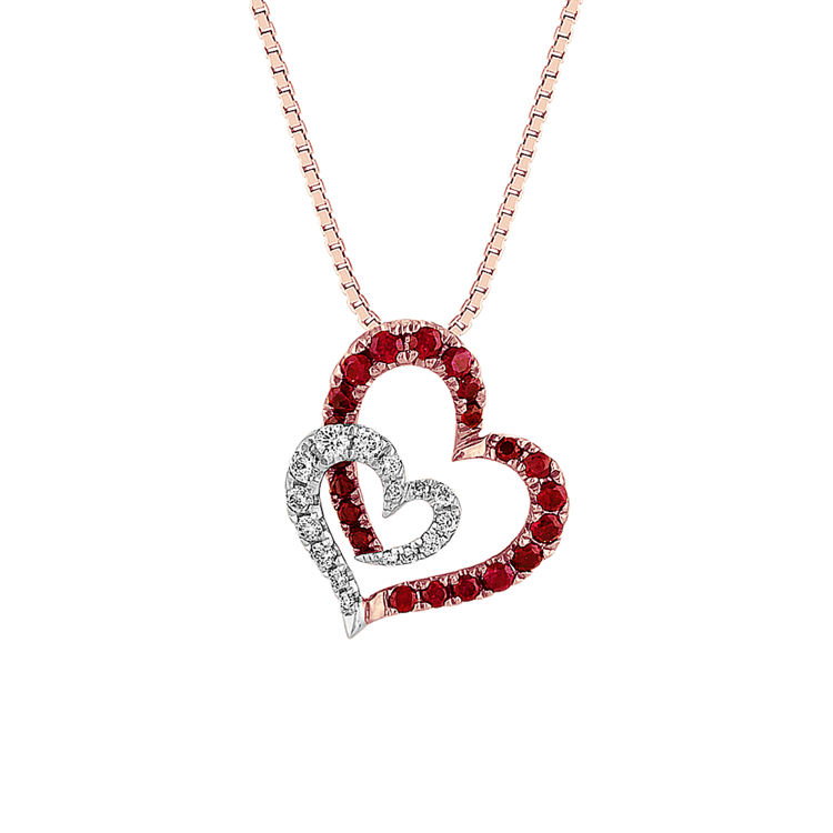 Natural Ruby and Natural Diamond Double Heart Pendant (18 in)