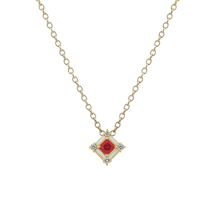 Natural Ruby and White Natural Sapphire Enamel Pendant (18 in)