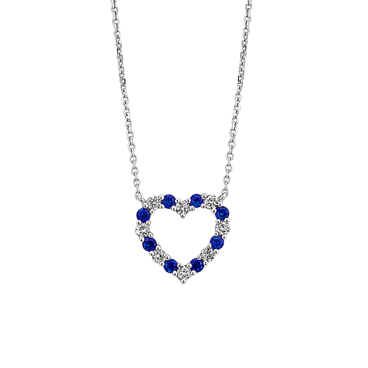 Maritsa Traditional Blue Natural Sapphire & Natural Diamond Heart Necklace in 14K White Gold (18 in)