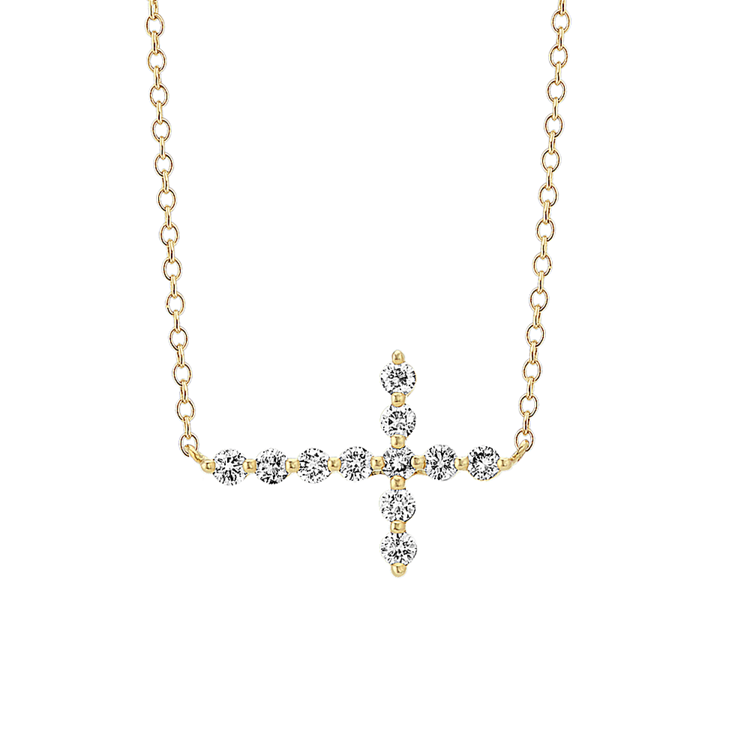 Sideways Natural Diamond Cross Necklace in 14k Yellow Gold (18 in)