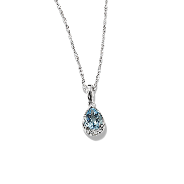 Sloane Vintage Natural Aquamarine and Natural Diamond Pendant in 14K White Gold (20 in)