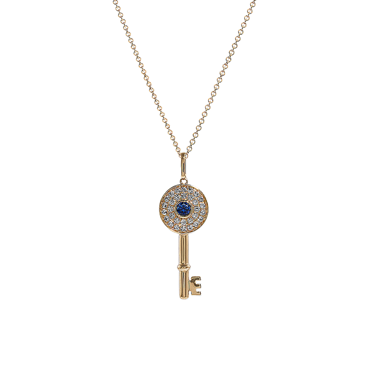 Blue and White Natural Sapphire Key Pendant in 14K Yellow Gold (20 in)