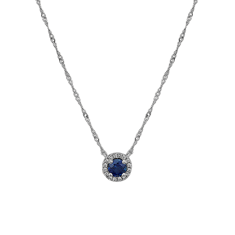 Traditional Natural Sapphire and Natural Diamond Halo Necklace (18 in)