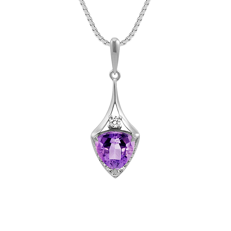 Trillion Natural Amethyst and Round Natural Diamond Pendant in Sterling Silver (18 in)