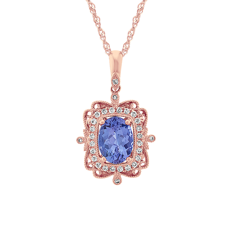 Vintage Blue Natural Tanzanite and Natural Diamond Pendant in 14k Rose Gold (20 in)