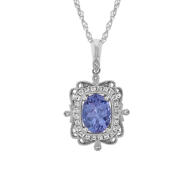 Vintage Blue Natural Tanzanite and Natural Diamond Pendant in 14k White Gold (20 in)
