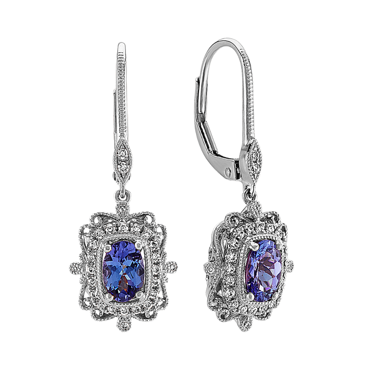 Vintage Dangle Natural Tanzanite and Natural Diamond Earring in 14k White Gold