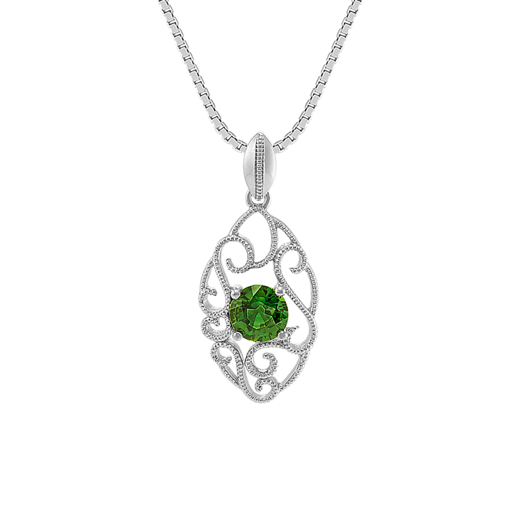 Vintage Green Natural Sapphire and Sterling Silver Pendant (20 in)