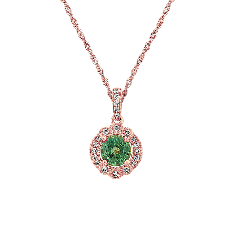 Vintage Green Natural Sapphire and Natural Diamond Pendant (22 in)