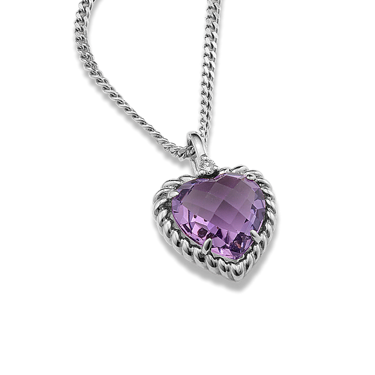 Evie Vintage Natural Amethyst and Natural Diamond Heart Pendant in Sterling Silver (22 in)
