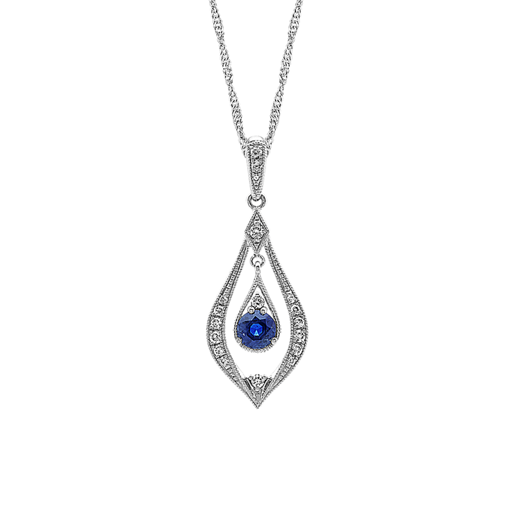 Vintage Traditional Blue Natural Sapphire and Natural Diamond Pendant (18 in)