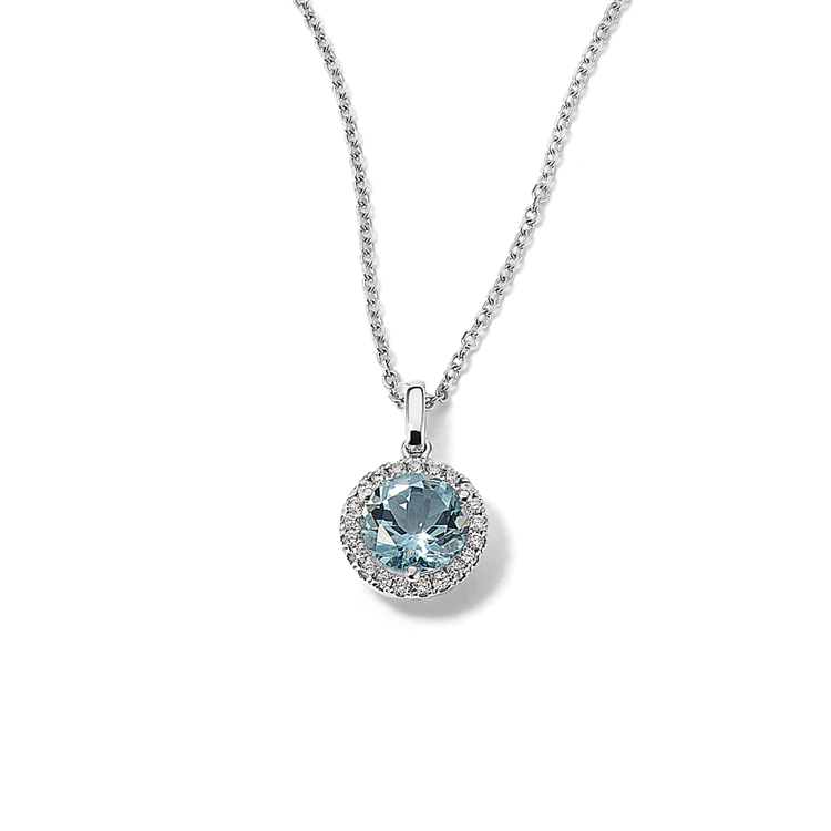 Zurich Natural Aquamarine and Natural Diamond Halo Pendant in 14K White Gold (18 in)