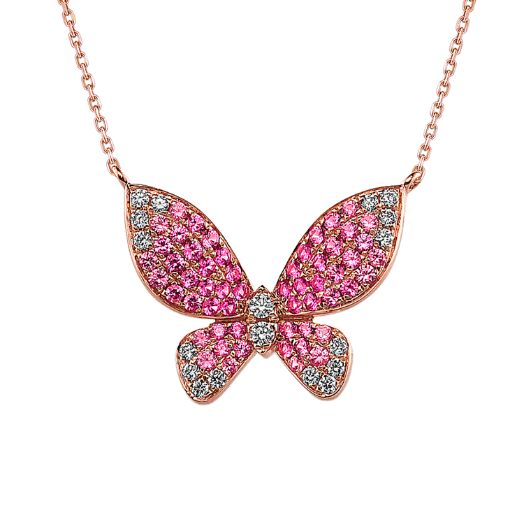 Ombre Pink Natural Sapphire and Natural Diamond Butterfly Pendant in 14K Rose Gold (18 in)