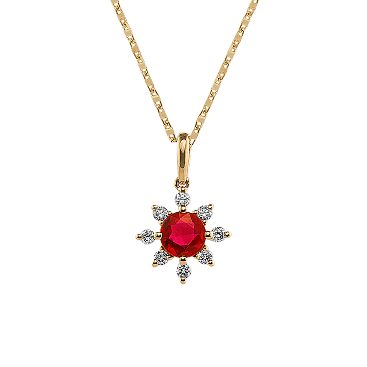 Natural Ruby and Natural Diamond Halo Necklace in 14K Yellow Gold (18 in)