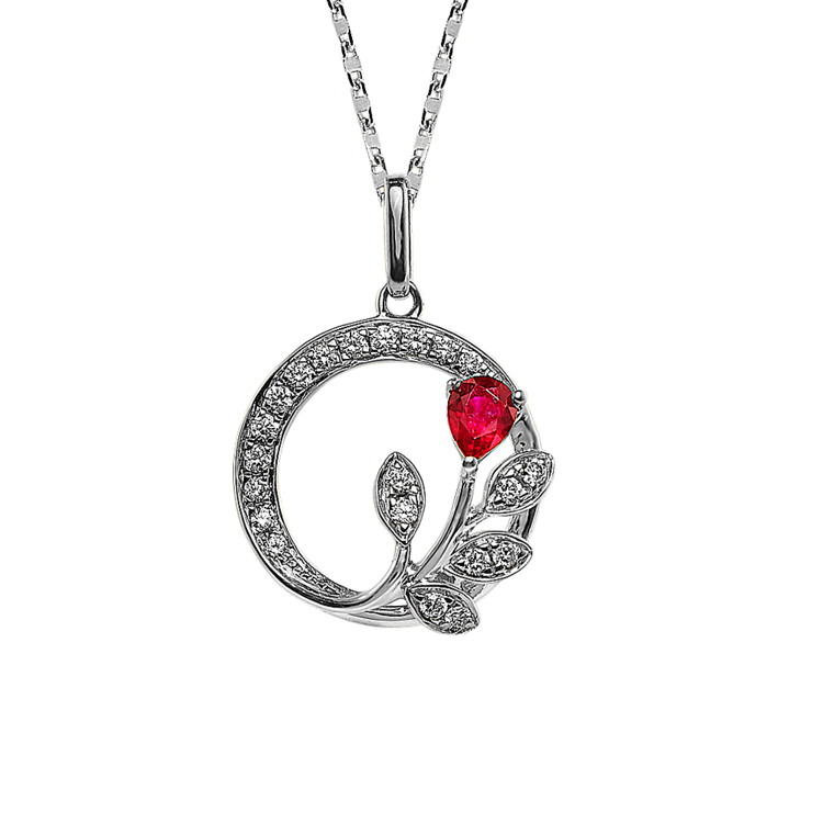 Botanique Natural Ruby and Natural Diamond Rose Pendant in 14K White Gold (18 in)