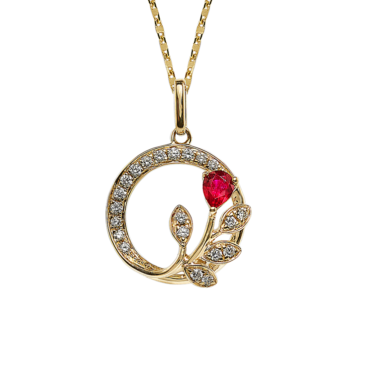 Botanique Natural Ruby and Natural Diamond Rose Pendant in 14K Yellow Gold (18 in)