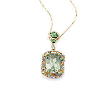 Green Quartz & Multi-Gemstone Halo Cocktail Ring in Yellow Gold