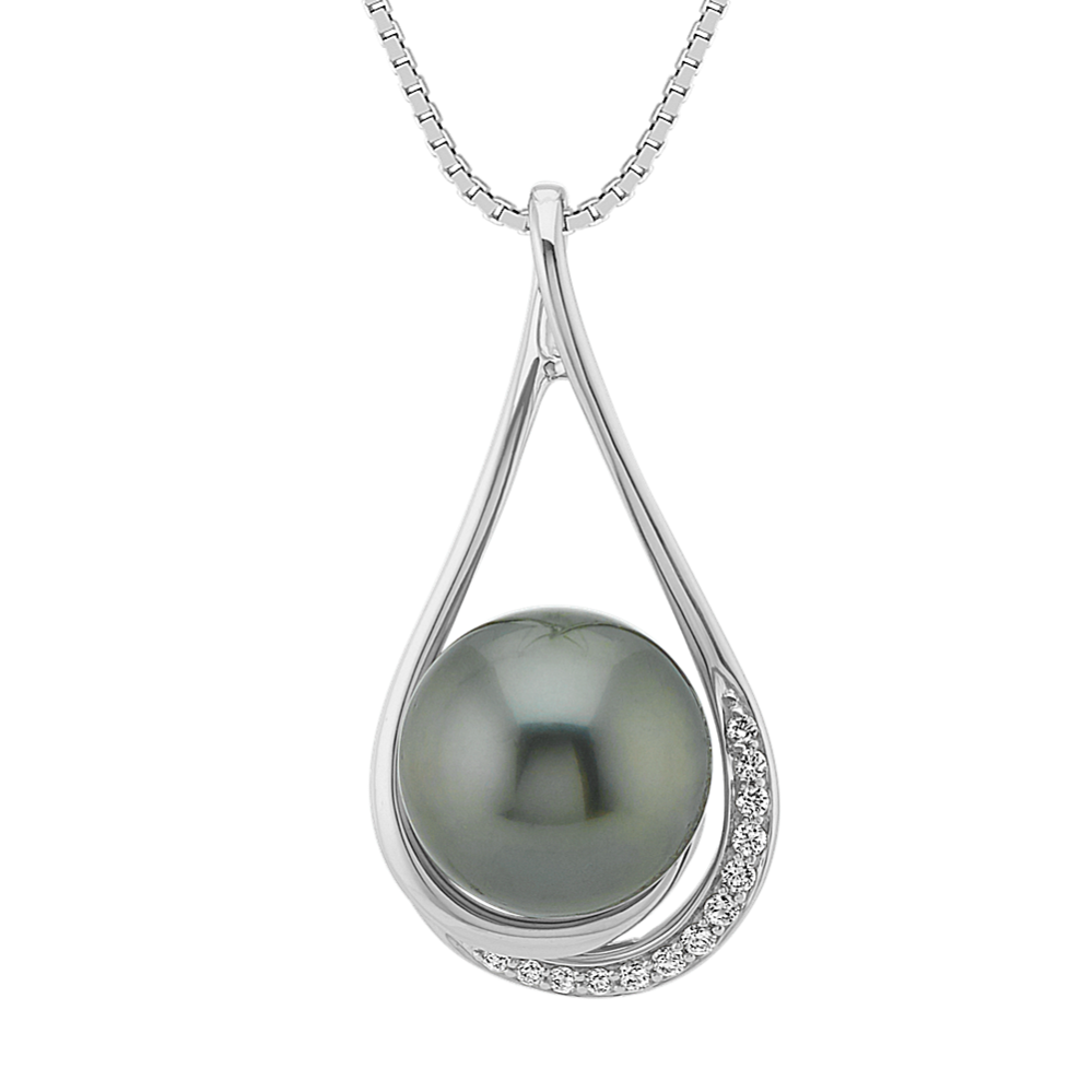 10mm Tahitian Cultured Pearl Teardrop Pendant with Diamonds (18'')
