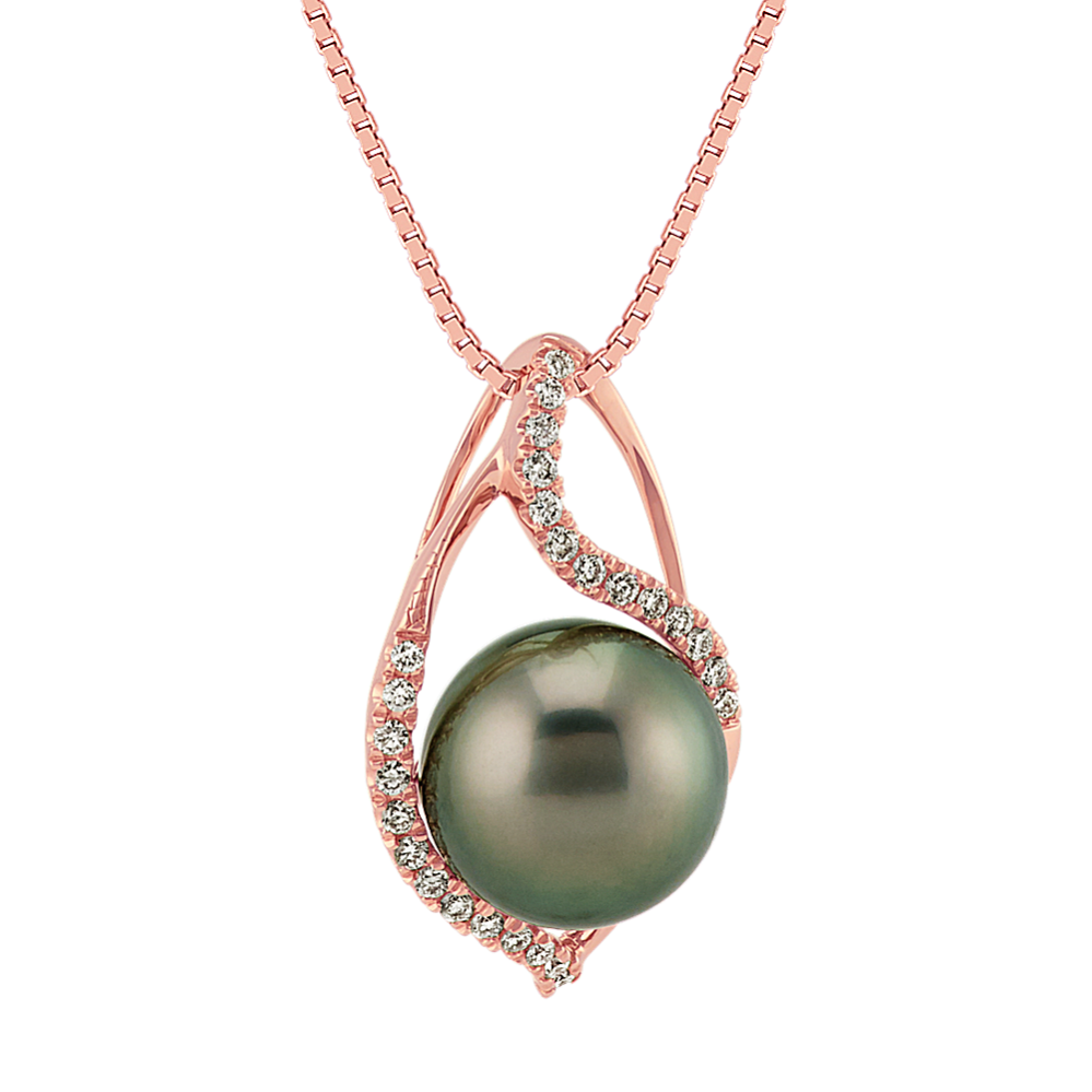10mm Tahitian Cultured Pearl and Round Diamond 14k Rose Gold Pendant (18 in)