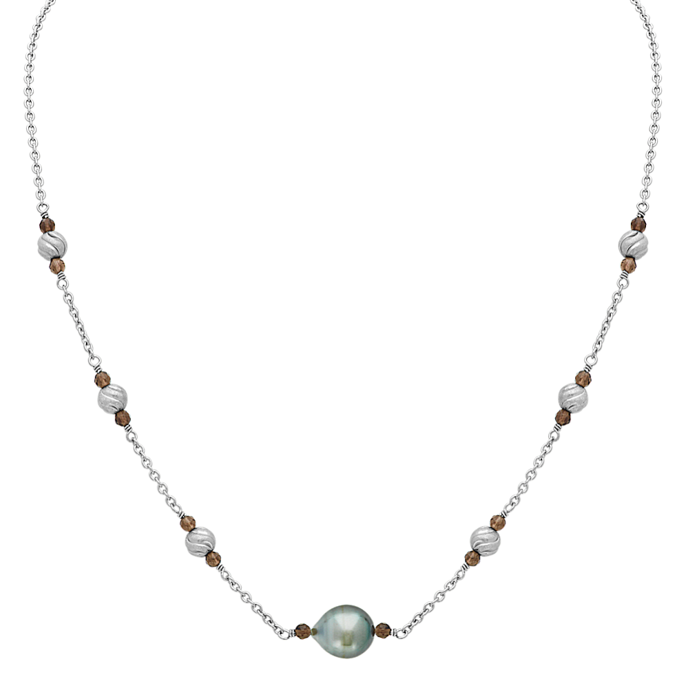 10mm Tahitian Cultured Pearl & Smoky Quartz Sterling Silver Necklace (20'')