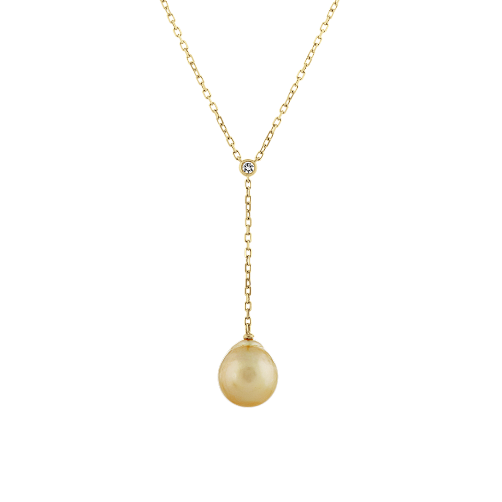 10mm Golden Baroque Pearl and Natural Diamond Y Necklace in 14k Yellow Gold (18 in)
